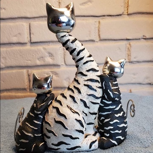 Vintage Set of 3 Black and White cats with Chrome heads and tail accents - Picture 2 of 4